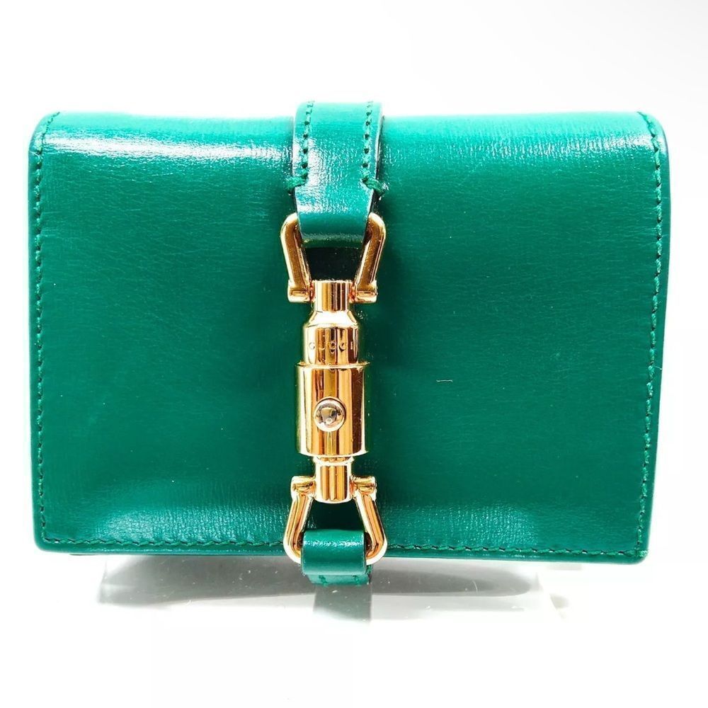 Auth Gucci Emerald Green Jackie 1961 Piston Bifold Wallet Card Case